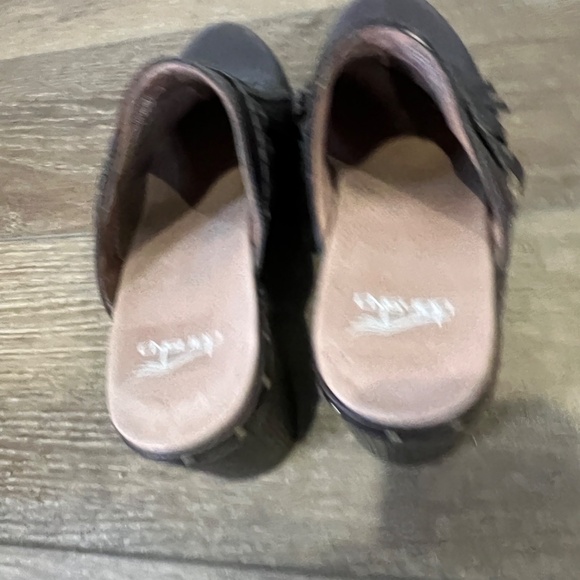 Dansko Deni Leather Women's Platform Heeled Fringe Studded Clogs Brown Size 40 - Picture 4 of 10